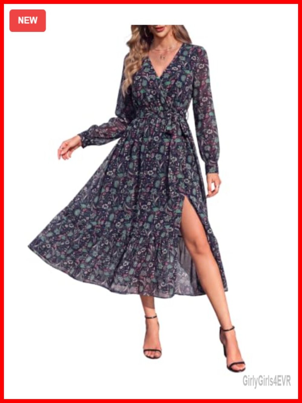 Women's Long Sleeve Midi Chiffon Dress with Pockets V-Neck A-Line Floral